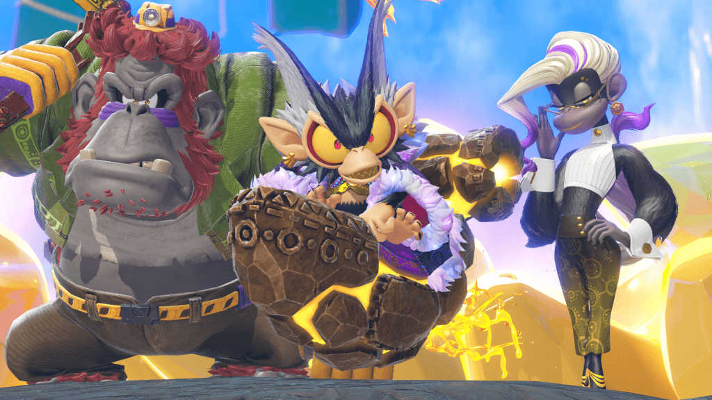 Donkey Kong Bananza Review - screenshot of VoidCo (Void Kong, Grumpy Kong, and Poppy Kong)
