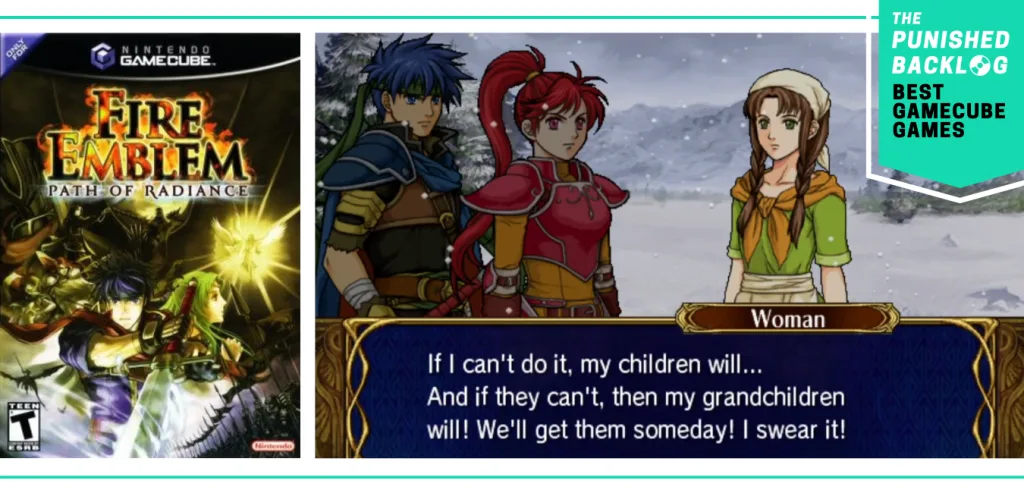 Best GameCube Games: Fire Emblem Path of Radiance - the game's cover next to a screenshot of a conversation