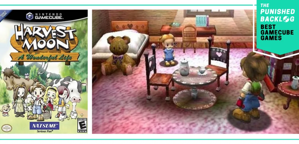 Best GameCube Games: Harvest Moon: A Wonderful Life cover and a screenshot of gameplay of talking to a child