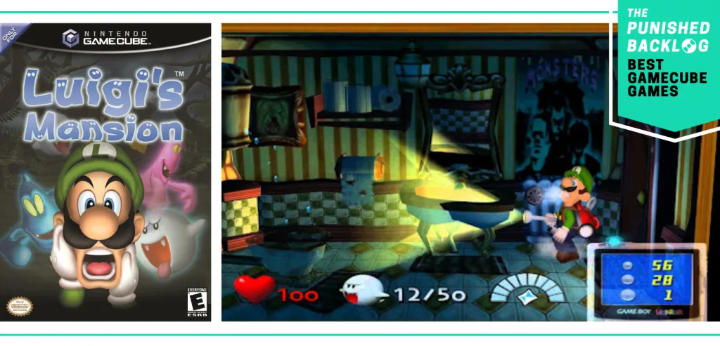 Best GameCube Games: Luigi's Mansion cover and a screenshot of gameplay of Luigi in a dark mansion