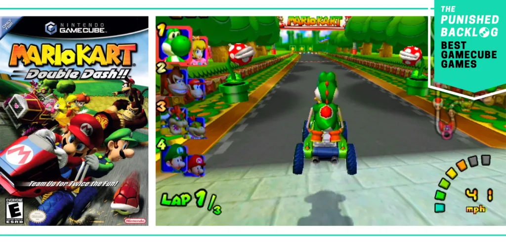 Best GameCube Games: Mario Kart: Double Dash!! cover and screenshot of Yoshi racing