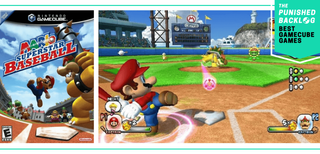 Best GameCube Games: Mario Superstar Baseball cover and screenshot of Mario hitting a baseball