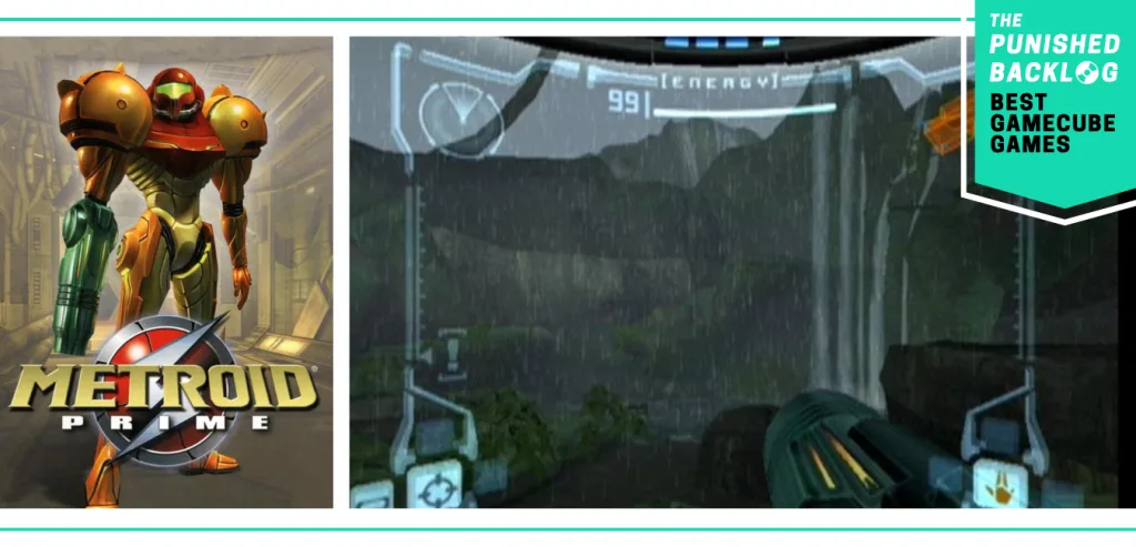 Best GameCube Games: Metroid Prime cover and a shooting screenshot in the rain