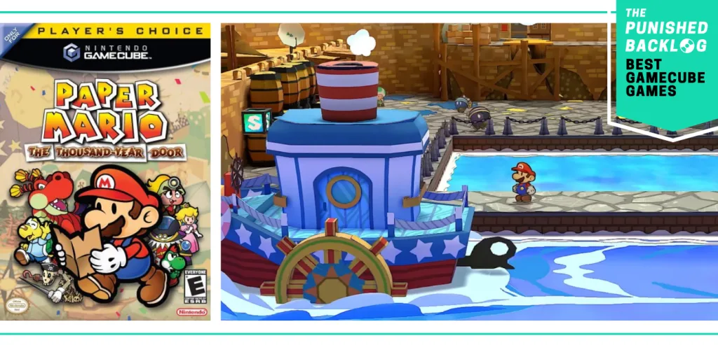 Best GameCube Games: Paper Mario: The Thousand Year Door cover and screenshot of Mario next to boat