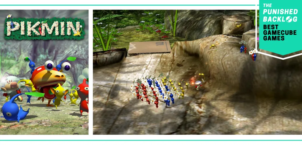 Best GameCube Games: Pikmin cover and screenshot of Pikmin with flowers on their heads 
