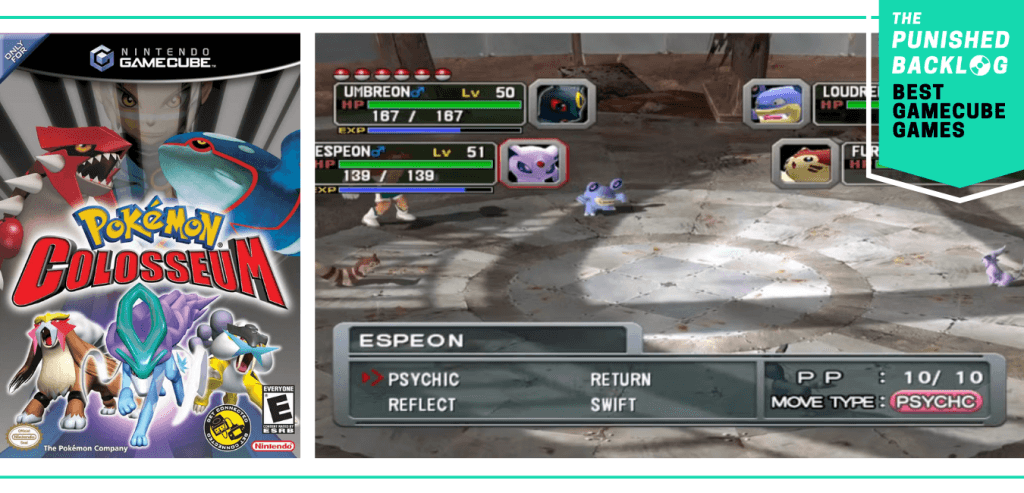 Best GameCube Games: Pokémon Colosseum cover and a double battle screenshot with Espeon