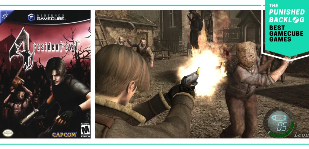 Best GameCube Games: Resident Evil 4 cover and shooting chainsaw man screenshot