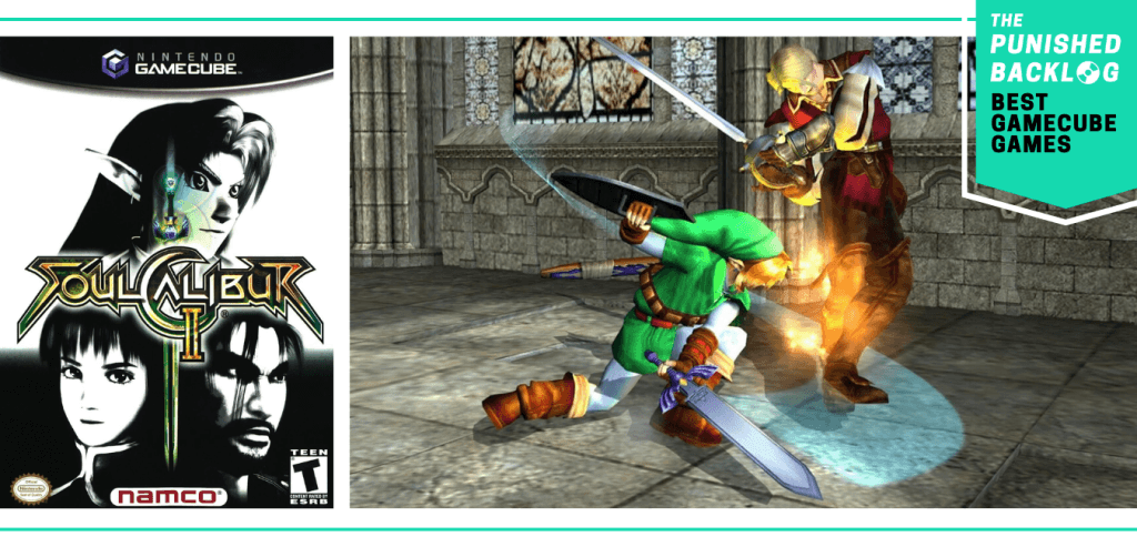 Best GameCube Games: Soulcalibur II cover and screenshot of Link with a sword fighting
