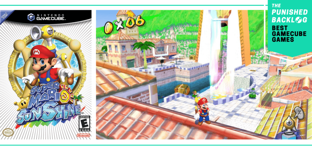 Best GameCube Games: Super Mario Sunshine cover plus an image of Mario standing on the roof of a building