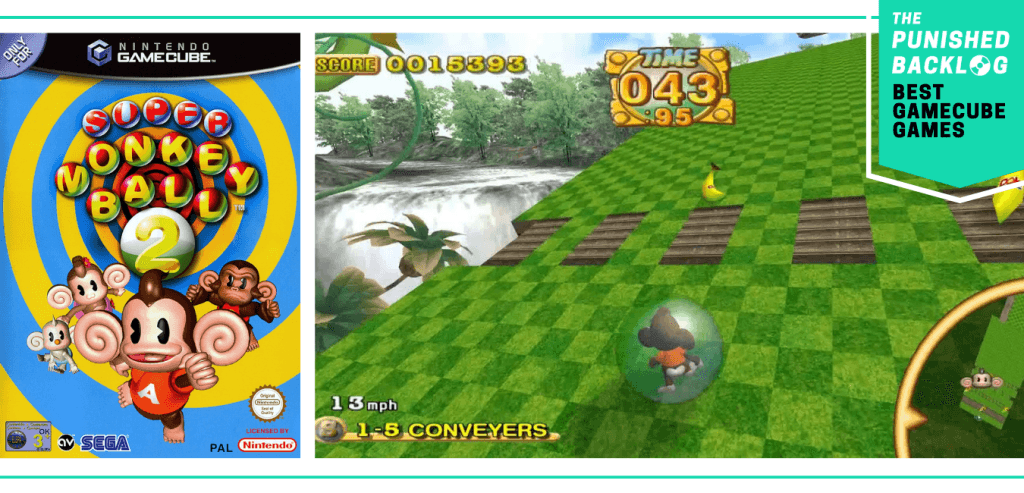 Best GameCube Games: Super Monkey Ball 2 cover and gameplay screenshot of monkey in ball in rainforest