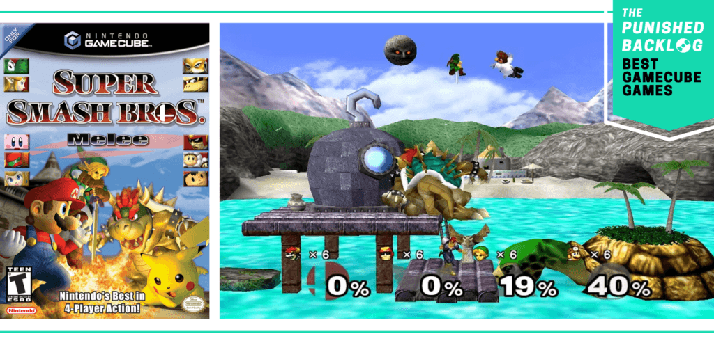 Best GameCube Games: Super Smash Bros. Melee cover and island fight screenshot