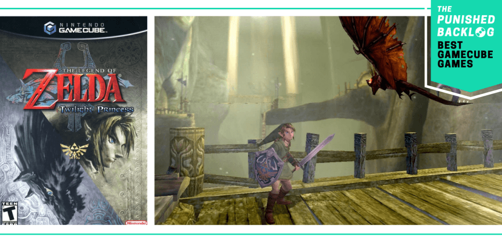 Best GameCube Games: The Legend of Zelda: Twilight Princess cover and screenshot of Link fighting a monster