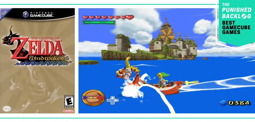 Best GameCube Games: The Legend of Zelda: Wind Waker cover screenshot with Link on a boat in front of a castle