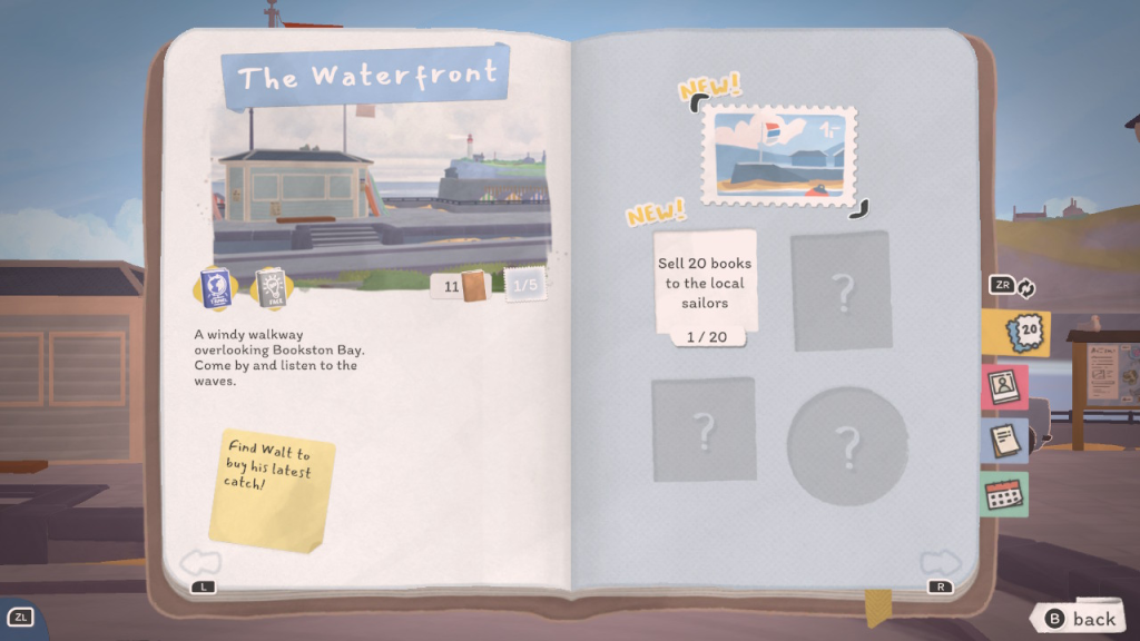 Tiny Bookshop review screenshot: the journal which has quests sorted by location. 