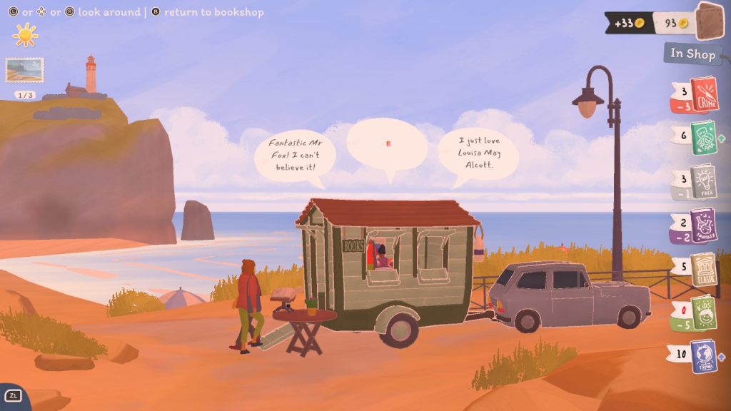 Tiny Bookshop review screenshot: the shop is parked on the beach, and customers inside share enthusiasm for authors via speech bubbles 