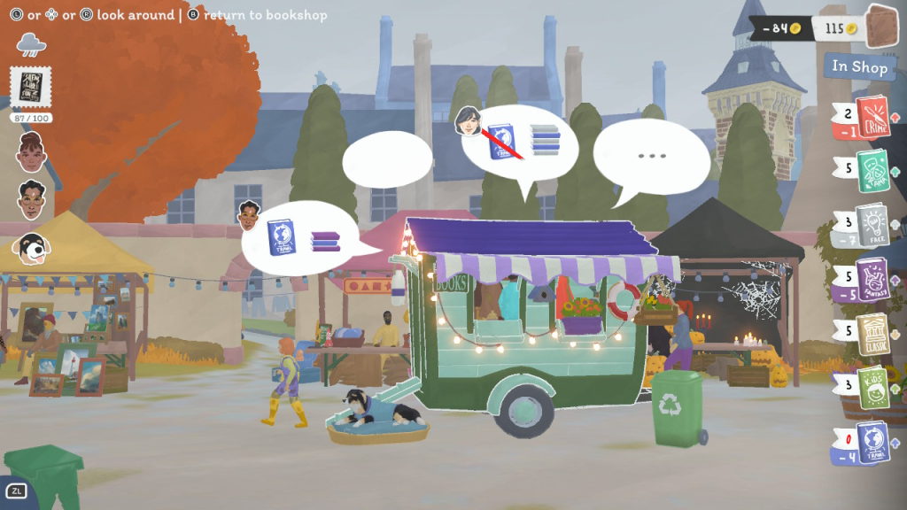Tiny Bookshop review screenshot: a mobile bookstore is parked in a city square while customers search inside for books. 