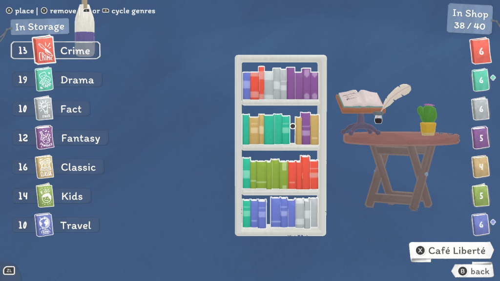 Tiny Bookshop review screenshot: picking which genre of books should go on the shelf 