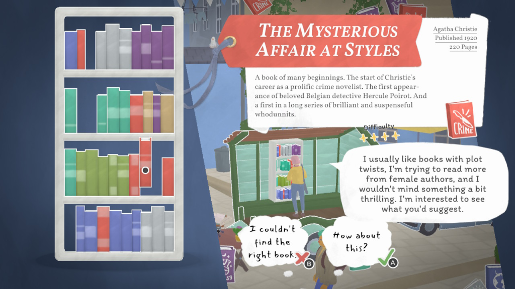 Tiny Bookshop review screenshot: a customer asks for a mystery book, and the player suggests The Mysterious Affair at Styles by Agatha Christie