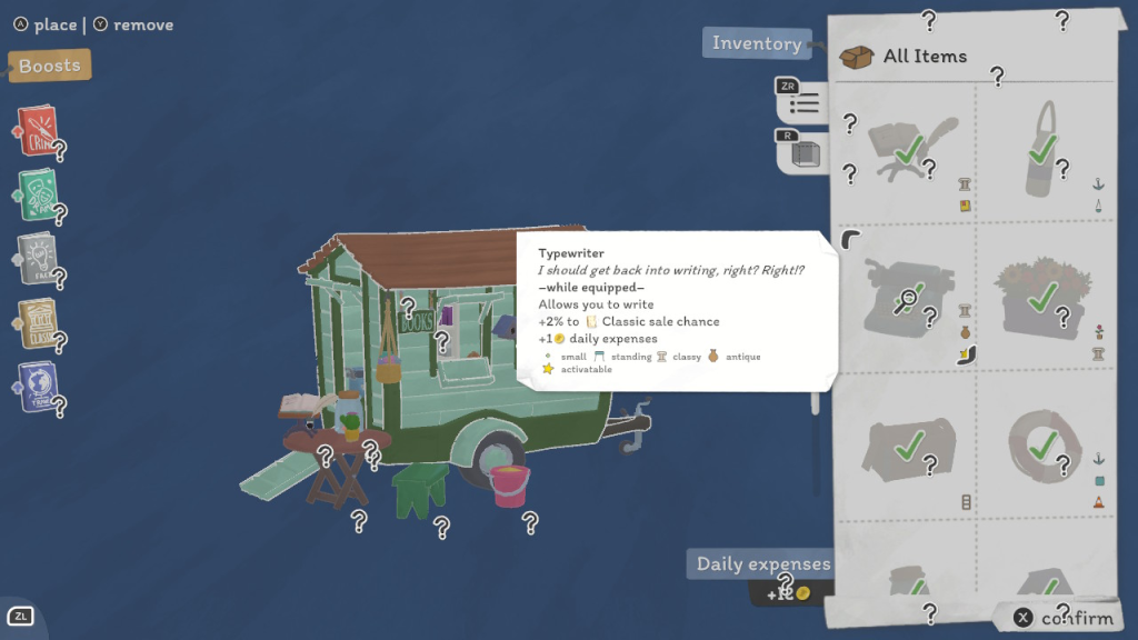 Tiny Bookshop review screenshot: a view of personalizing your mobile bookstore with different items, including a typewriter whose description is: 
