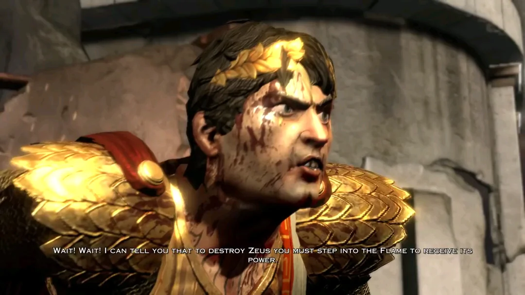 A defeated Helios in God of War III, whose head will be away from his body soon