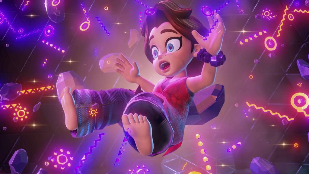 A screenshot from Donkey Kong Bananza where Pauline is falling through some rocks. 