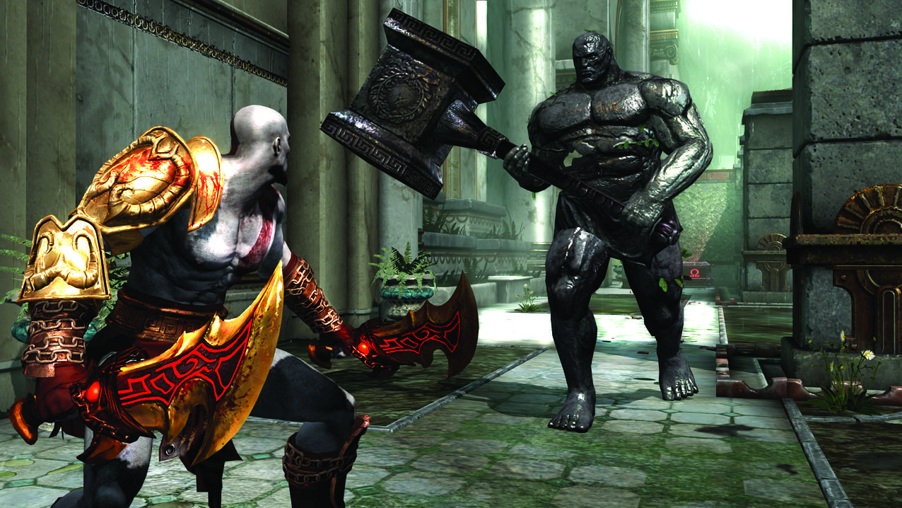 In an old God of War game, Kratos looks at an enemy 