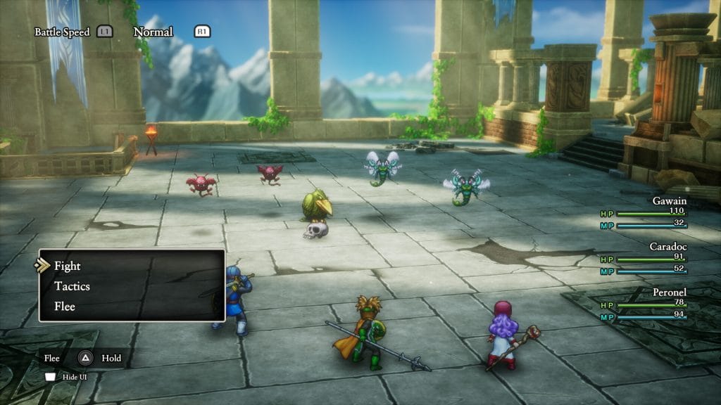 A screenshot about the Dragon Quest I & II remakes with characters on a battlefield 