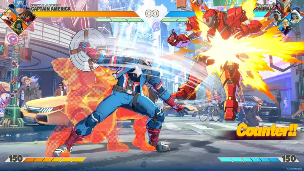 MARVEL Tōkon: Fighting Souls preview -- screenshot of Captain America fighting Iron Man in a busy metropolis with the Avengers tower in the distance