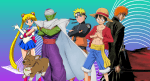 A Punished Backlog branded promo screen showing Sailor Moon, Piccolo from Dragon Ball Z, Naruto, Luffy from One Piece, Ichigo from Bleach, and the dog (Ein) from Cowboy Bebop