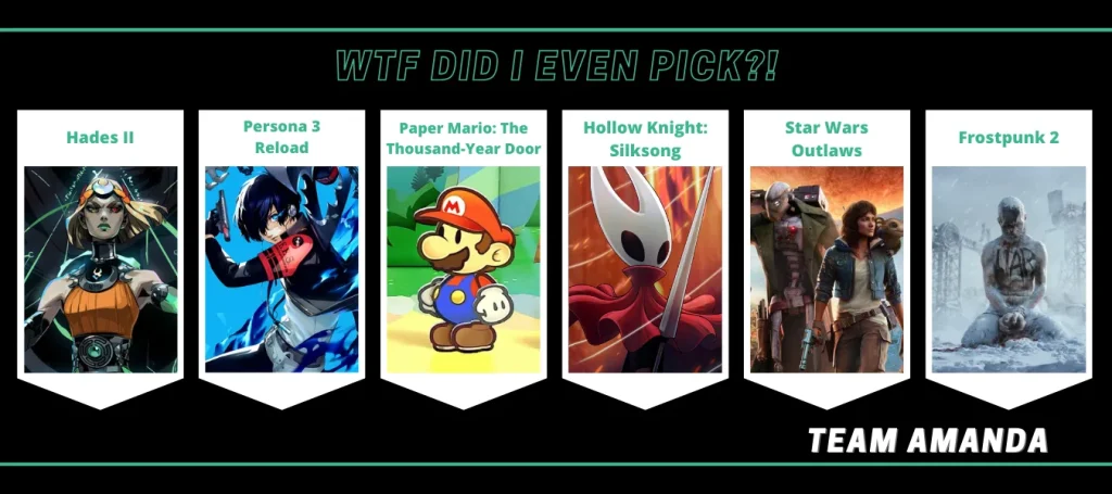 A graphic showing a team of six video game titles that were meant to come out in 2024. 