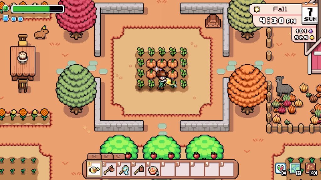 Fields of Mistria Early Access Review - a photo of a man tending to his crops during the fall season