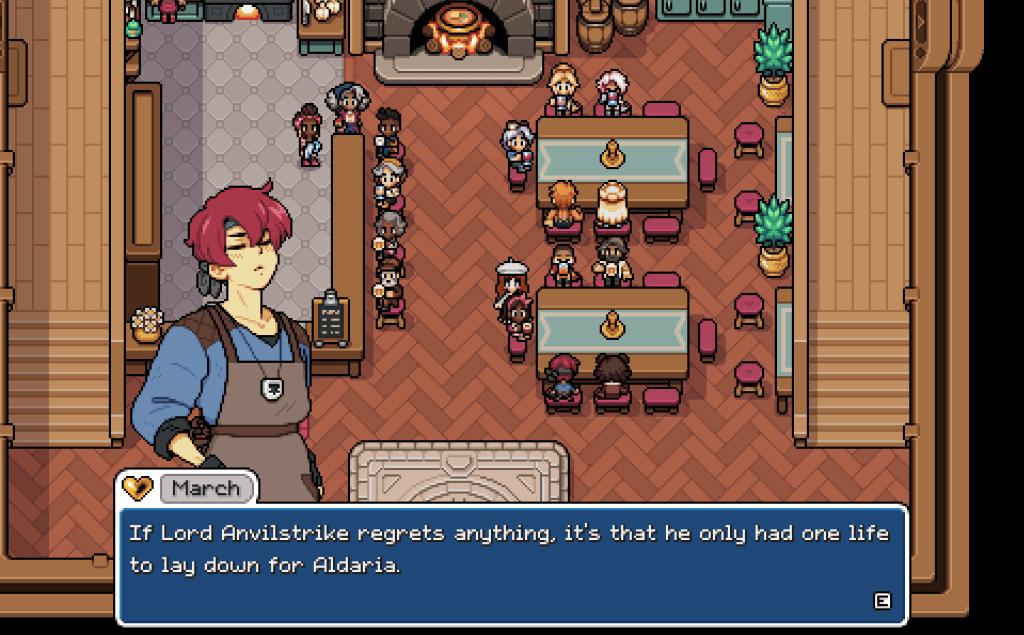 Fields of Mistria Early Access Review - cutscene dialogue from March during Friday nights at the town inn