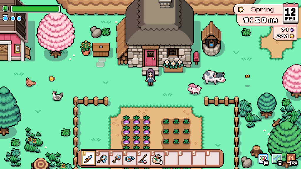 Fields of Mistria Early Access Review - a photo of a woman standing outside of her house during the spring season