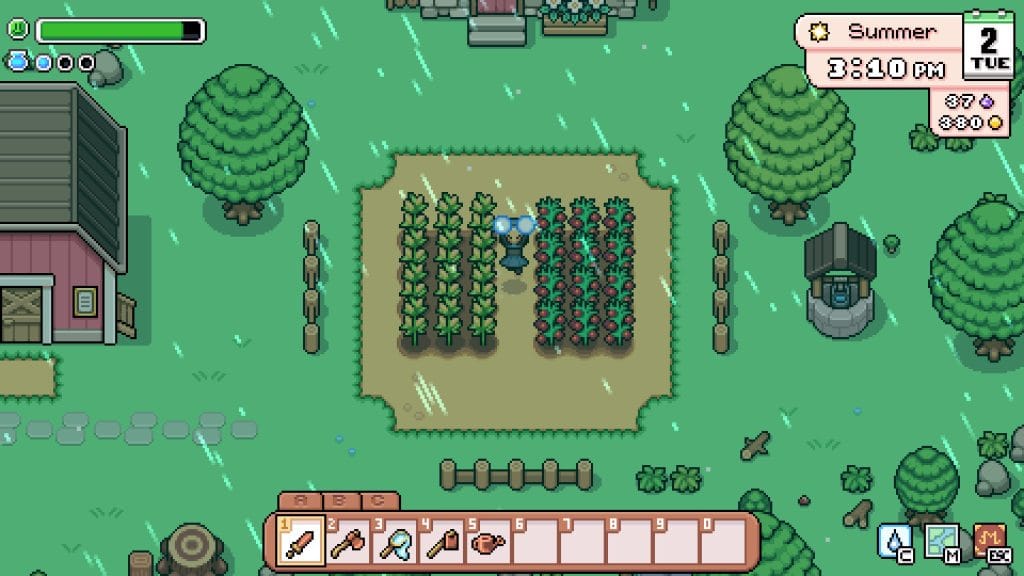 Fields of Mistria Early Access Review - a photo of a woman casting a spell during a rainy day in the summer season