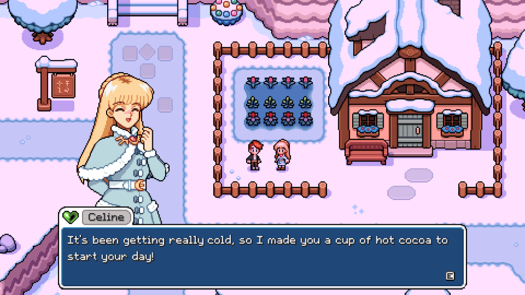 Fields of Mistria Early Access Review - cutscene dialogue from Celine during the winter season