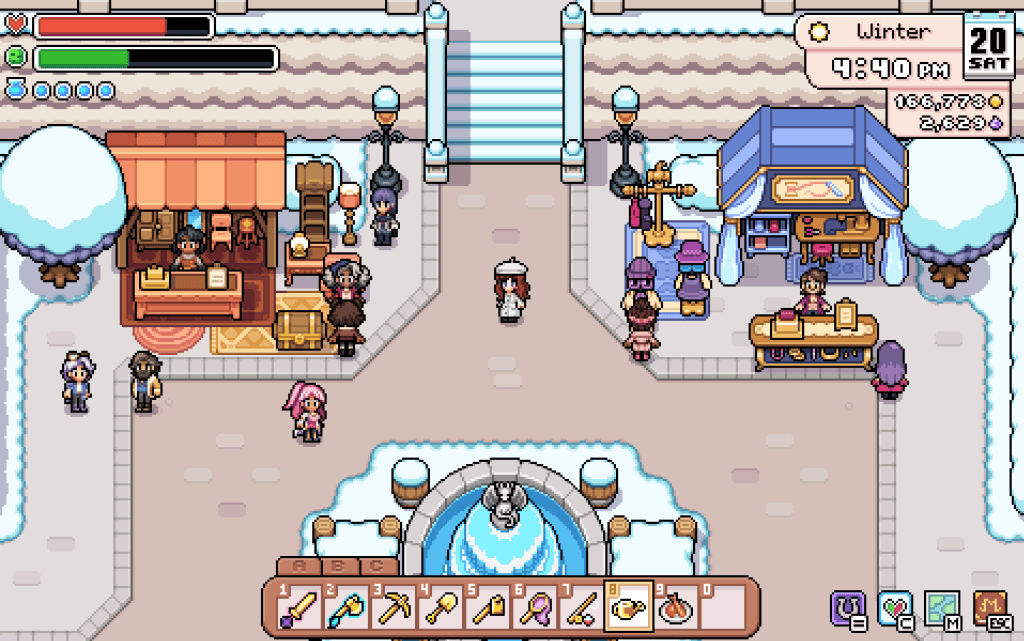 Fields of Mistria Early Access Review - a photo of a woman navigating a town square during the winter season