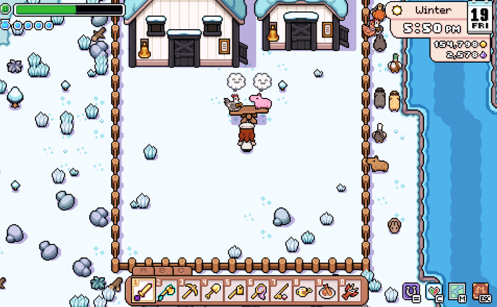 Fields of Mistria Early Access Review - a photo of a woman interacting with two farm animals during the winter season