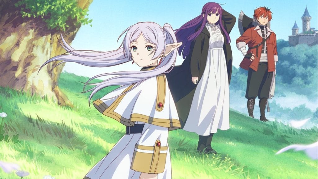 A screenshot of Frieren: Beyond Journey's End with an elf looking out on a field