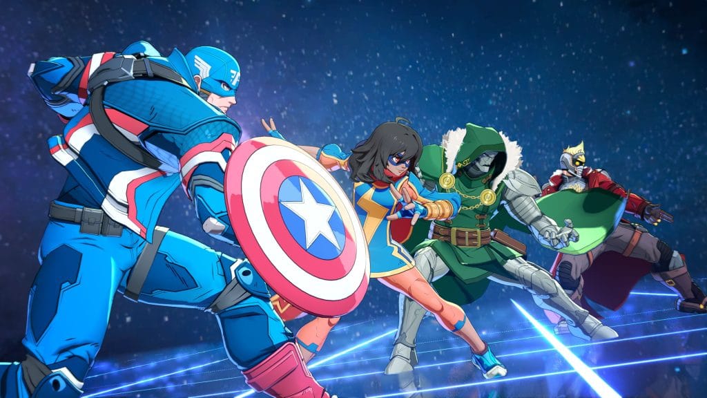 Marvel Tokon: Fighting Souls - promotional image with Captain America, Ms. Marvel, Dr. Doom, and Star-Lord all standing side-by-side in defensive positions