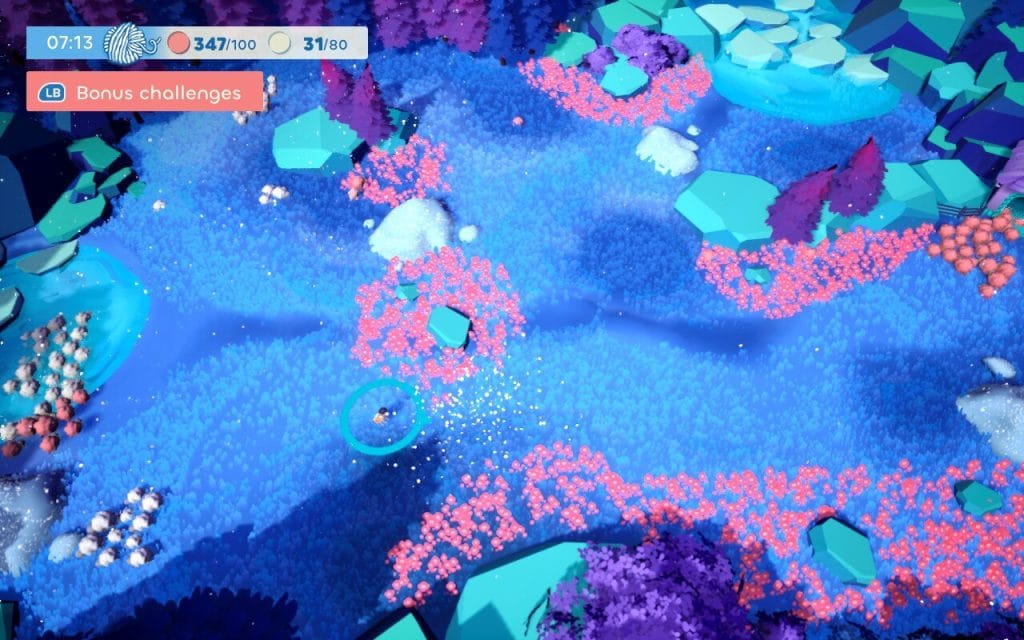 A view of the gameplay in Sheepherds! with one dog trying to guide sheep through a blue field. 