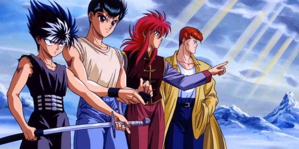 A screenshot of the characters of the anime Yu Yu Hakusho looking out over a wintery mountain 