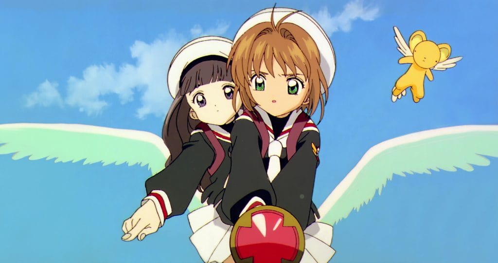 A screenshot from the anime Cardcaptor Sakura of Sakura and her friends flying through the air