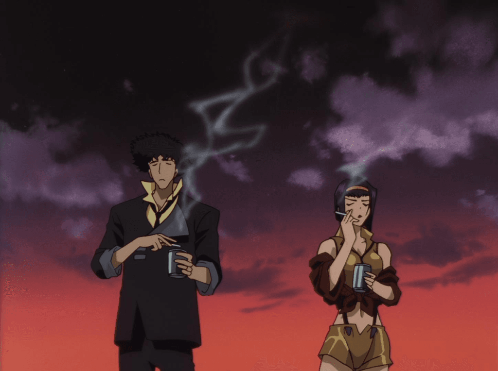 A screenshot from the anime Cowboy Bebop where two people smoke with a sunset behind them 