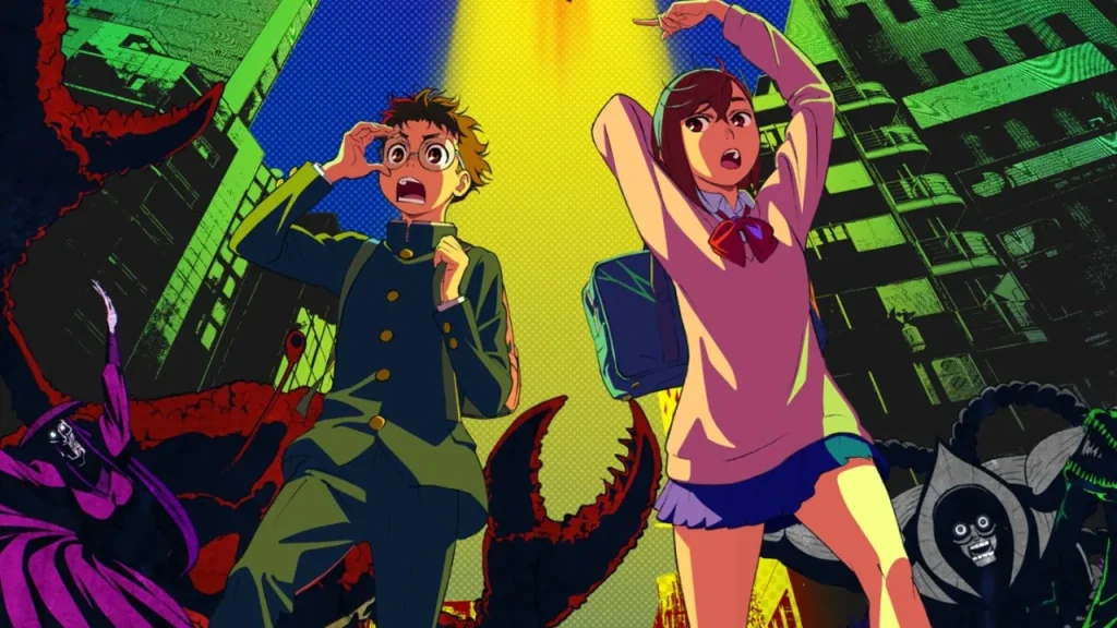 A screenshot of the anime DanDaDan where two school children run away from monsters