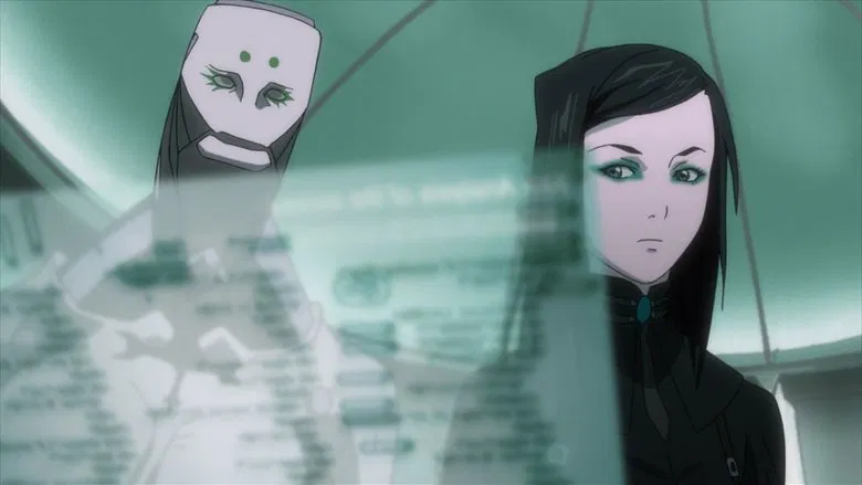 A screenshot of the anime Ergo Proxy with a pale woman and a strange looking creature looking at a screen