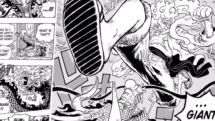 A screenshot of the One Piece Manga where Luffy turns into a giant