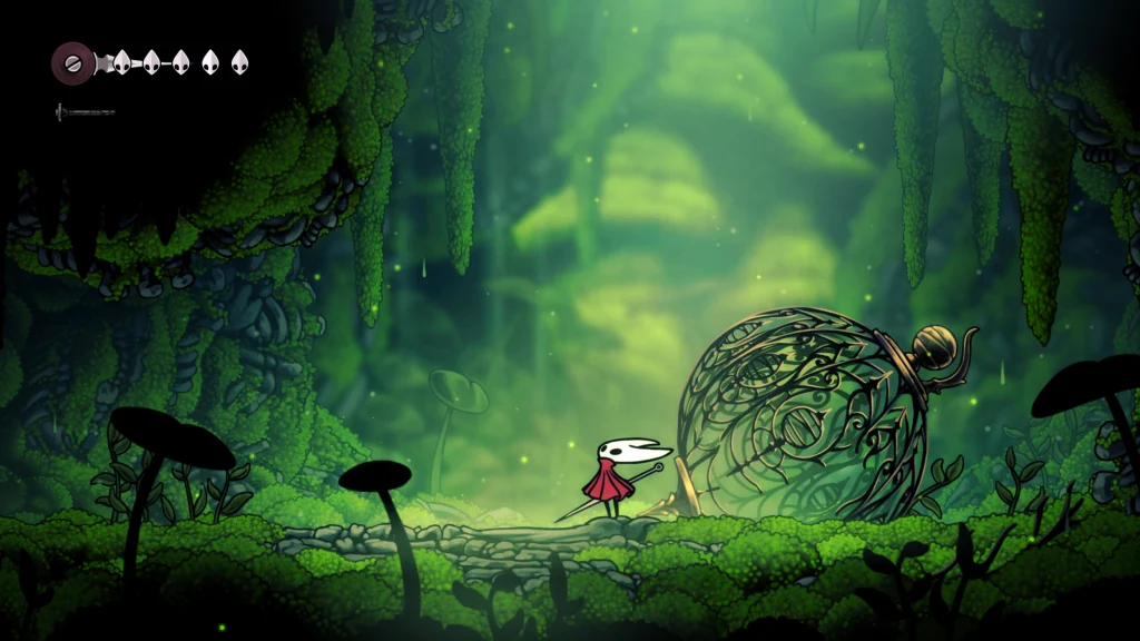 A screenshot from Hollow Knight: Silksong in which Hornet looks up at the light, in a dark green grotto 