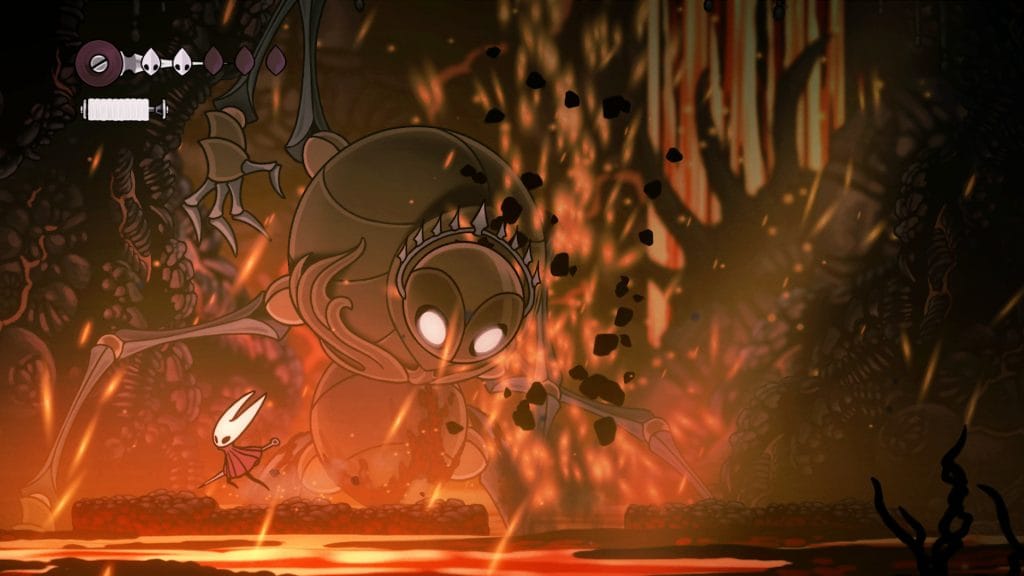 A screenshot of Hollow Knight: Silksong in which Hornet is fighting a giant spider creature over lava. 