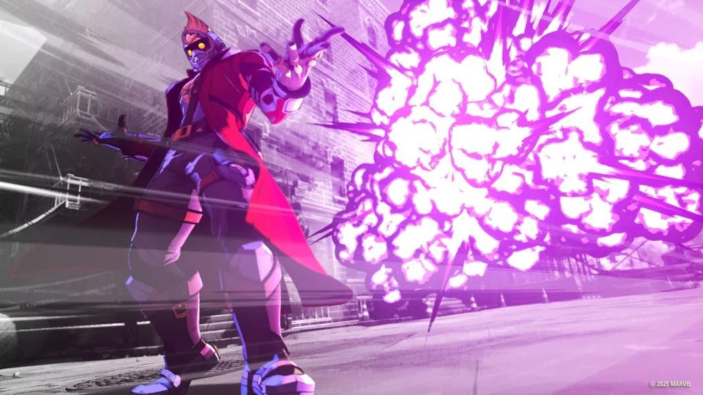 MARVEL Tōkon: Fighting Souls preview -- screenshot of Star-Lord posing with a purple explosion going off in the background