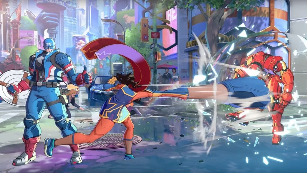 MARVEL Tōkon: Fighting Souls preview -- screenshot of Ms. Marvel punching Iron Man while Captain America stands to the side, giving a wholesome thumbs up